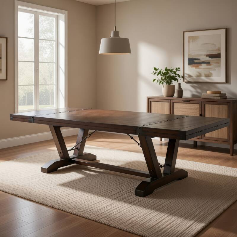 Flint Extendable Dining Table, 108-140 Inch, 2 Folding Leaves, Brown