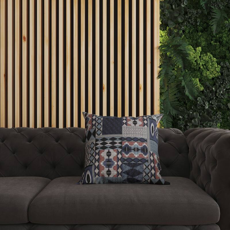 Blue And White Patched Perfection Faux Suede Throw Pillow Zipper