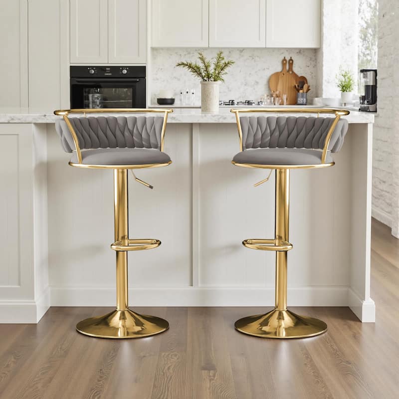 Set of 2 Velvet Adjustable Swivel Bar Stools