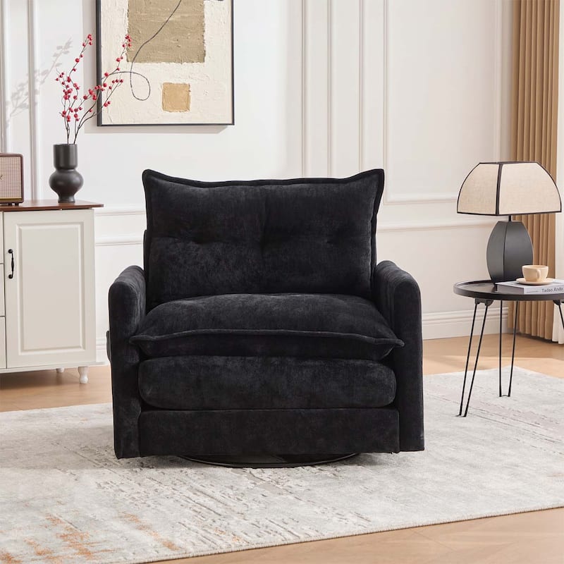 Modern Swivel Barrel Chair with Thick Padding,Metal Base,for Living Room and Bedroom - Black