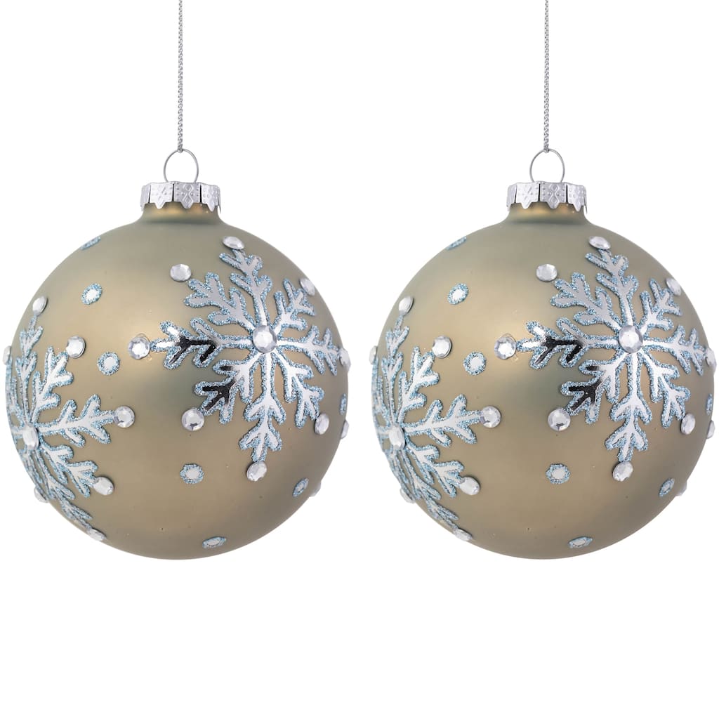 Mirrored Snowflakes Christmas Glass Ball Ornaments - 4"- Pale Gold - Set of 2