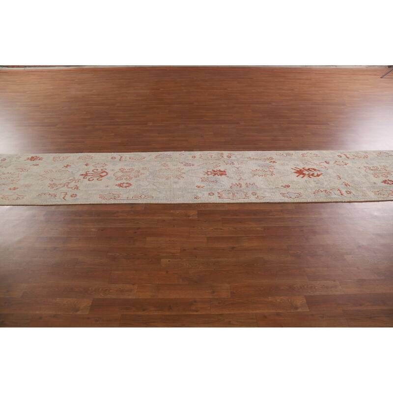 Hand Knotted Oriental 100% Wool Carpet Transitional All-Over Beige & Ivories Oushak Runner Rug - 17' 7'' X 2' 5''