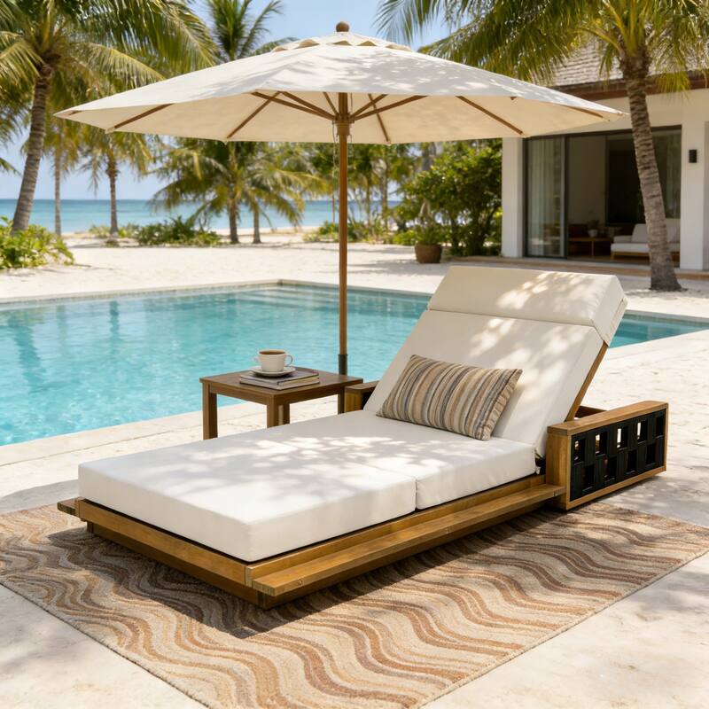 Christopher Knight Home - Modern Outdoor Solid Wood 4-Fold Adjustable Backrest Chaise Lounge with Rope Accents & Foam Cushion - Teak Finish Wood + Black Rope+Beige Cushion