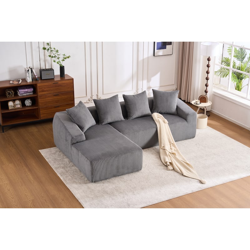 Grey Compression Sofa: Chaise Longue with 3 - Seater, Corduroy Fabric, Full Sponge, 4 Pillows