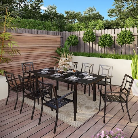Seats up to 6/8 Outdoor Patio Dining Set, 6/8 Metal Stackable Chairs, 1 Rectangular Expandable Table