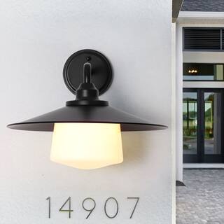 14" Vintage Matte Black Outdoor Hardwired Waterproof Wall Sconce with Opal Glass Shade for Porch, Patio