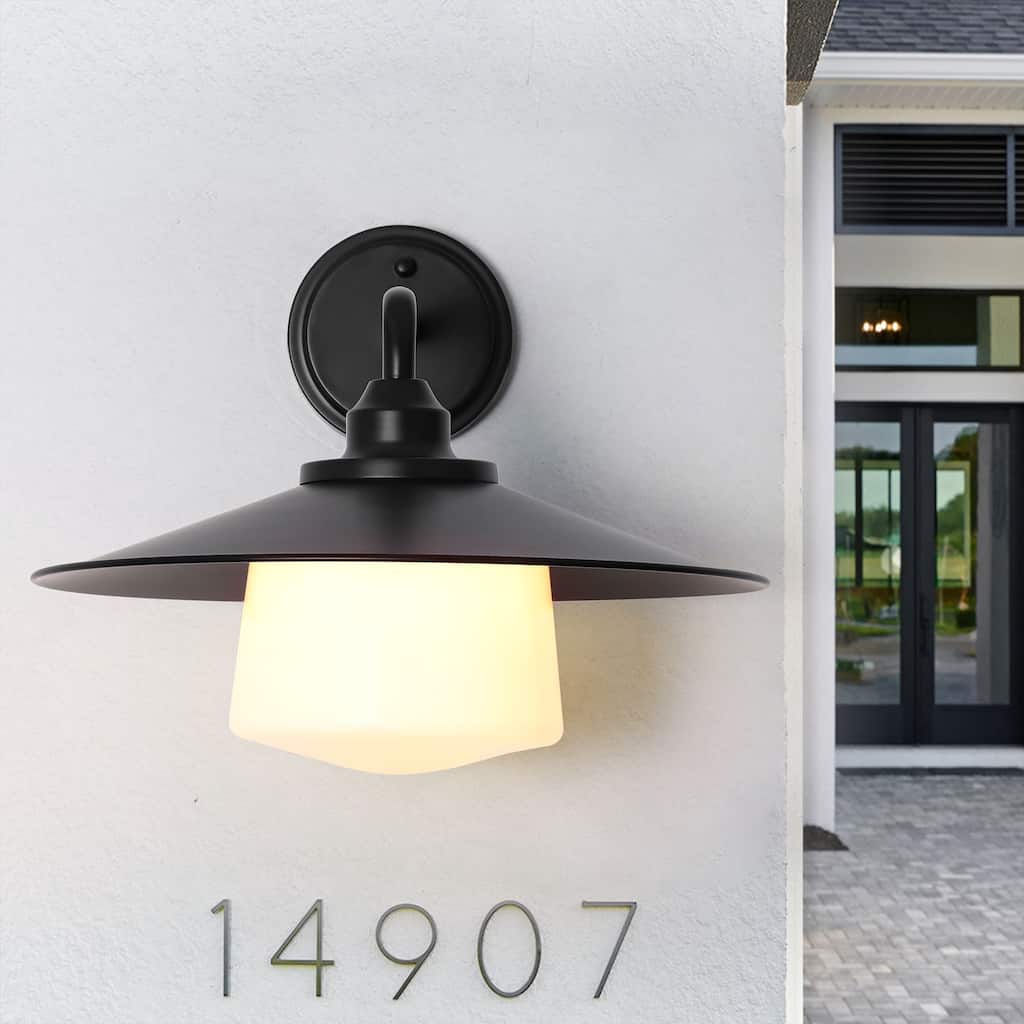 14" Vintage Matte Black Outdoor Hardwired Waterproof Wall Sconce with Opal Glass Shade for Porch, Patio