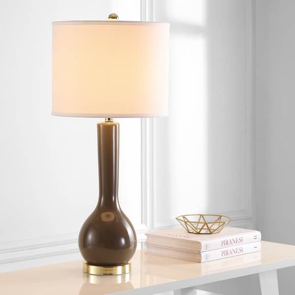 slide 1 of 9, SAFAVIEH Lighting 31-inch Mae Long Neck Ceramic Taupe Table Lamp (Set of 2) - 14"x14"x30.5"