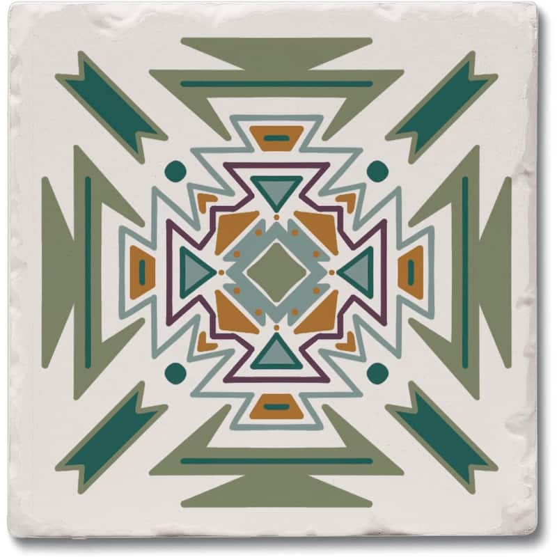 Green Tribal Design 4-Pack Absorbent Stone Coasters with Protective Cork Backing 4" Square Made in The USA Easily Wipes Clean - Multi