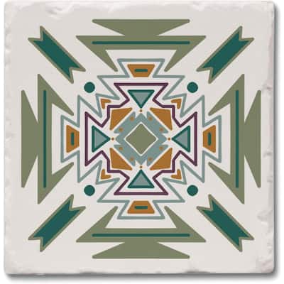 Green Tribal Design 4-Pack Absorbent Stone Coasters with Protective Cork Backing 4" Square Made in The USA Easily Wipes Clean