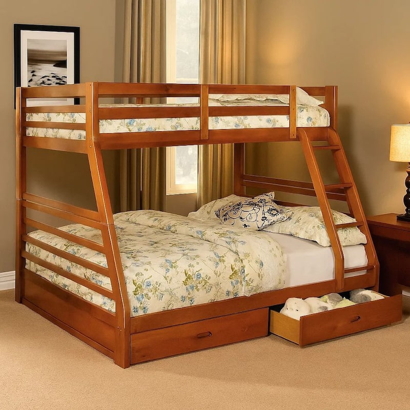 Transitional Style Twin Over Full Bunk Bed with Drawers, Oak Brown
