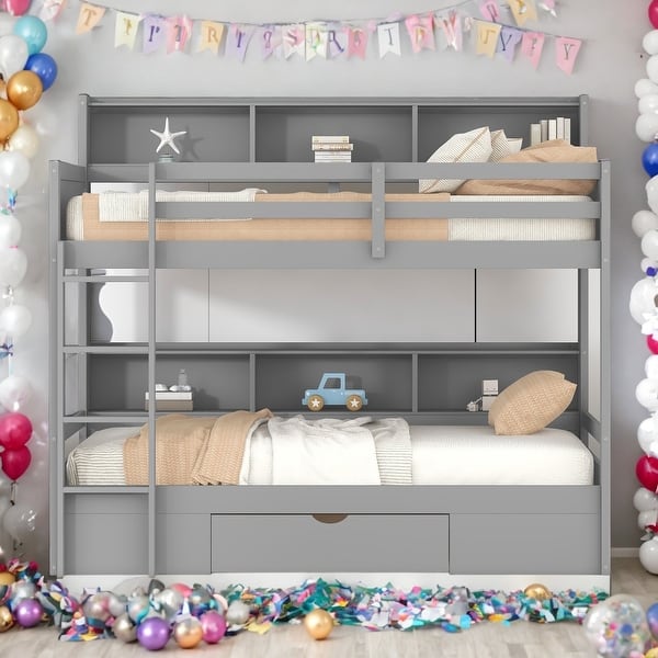 slide 2 of 26, Twin Size Bunk Bed with Built-in Shelves Beside both Upper and Down Bed and Large Storage Drawer,Multifunctional Bunk,2 Color Gray