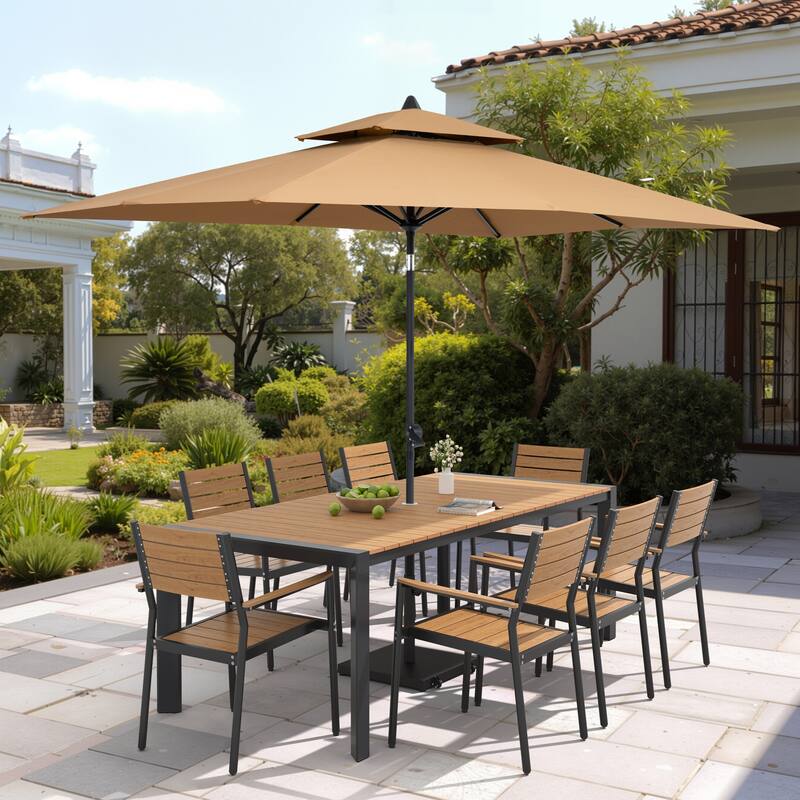 9/11-Piece Patio Dining Set Aluminum Dining Table and Chairs w/10 ft Market Umbrella and Base with Wheels