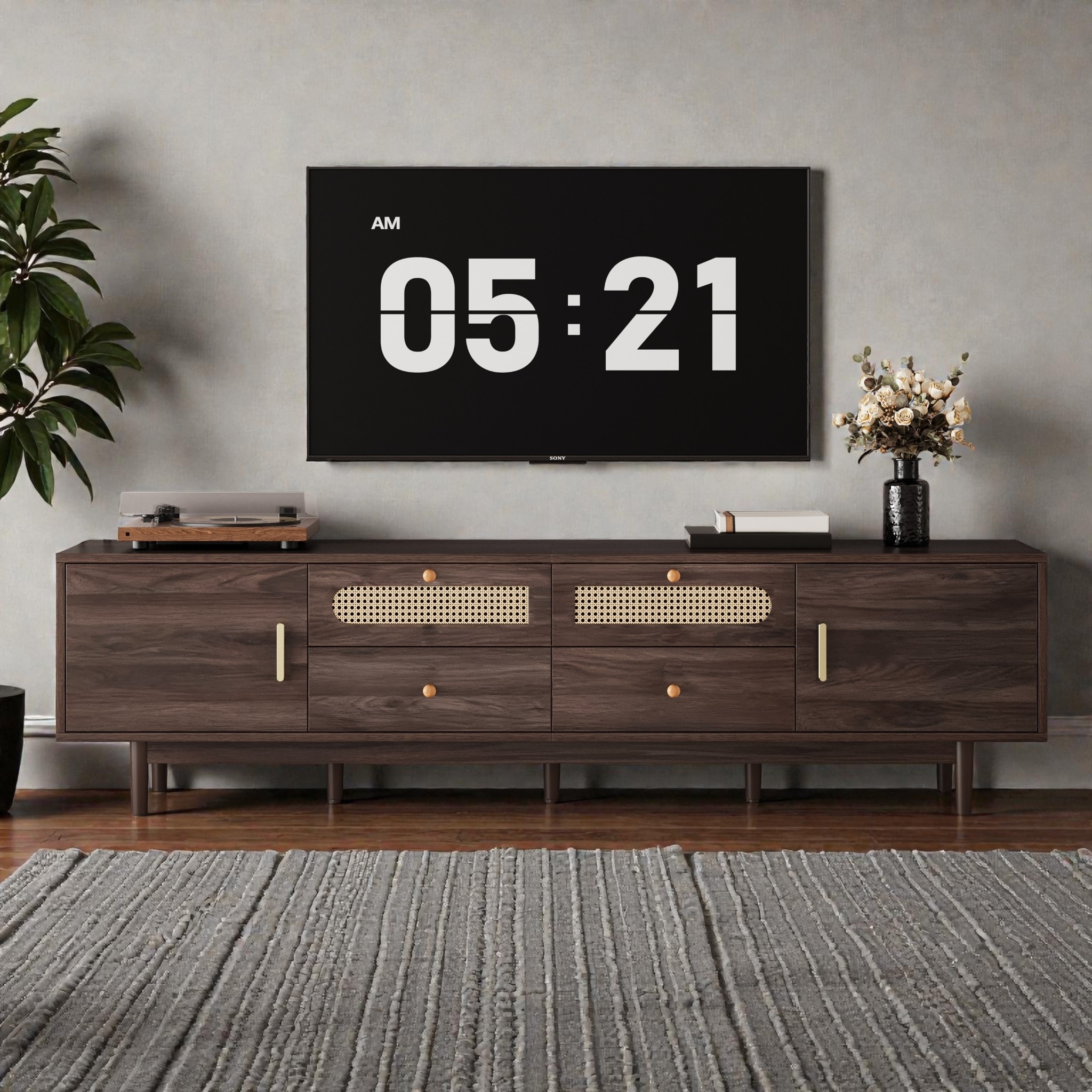 76 Inch TV Stand for TVs up to 85", Entertainment Center with Rattan Drop-Down Doors, Drawers and Storage for Living Room