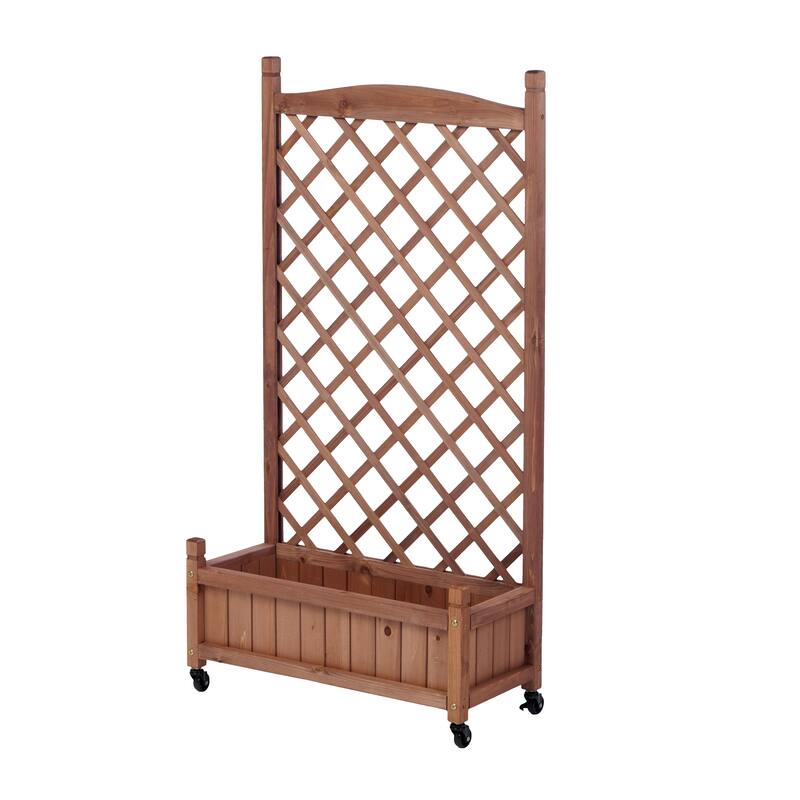 Set of 2 Portable Wood Planter Garden Bed with Wheels Drainage Trellis
