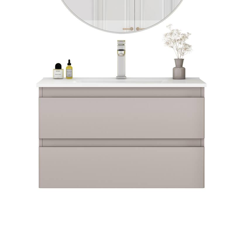 32 Inch Floating Bathroom Vanity with One-piece Ceramic Sink, Wall Mounted Cabinet with 2 Drawers
