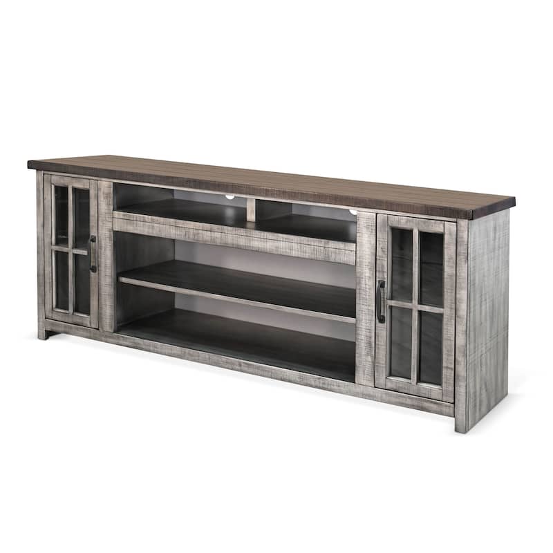 Gery TV Console w Crystal Fireplace Insert Option, 76 Inch, 2 Cabinets, Gray Brown Mahogany