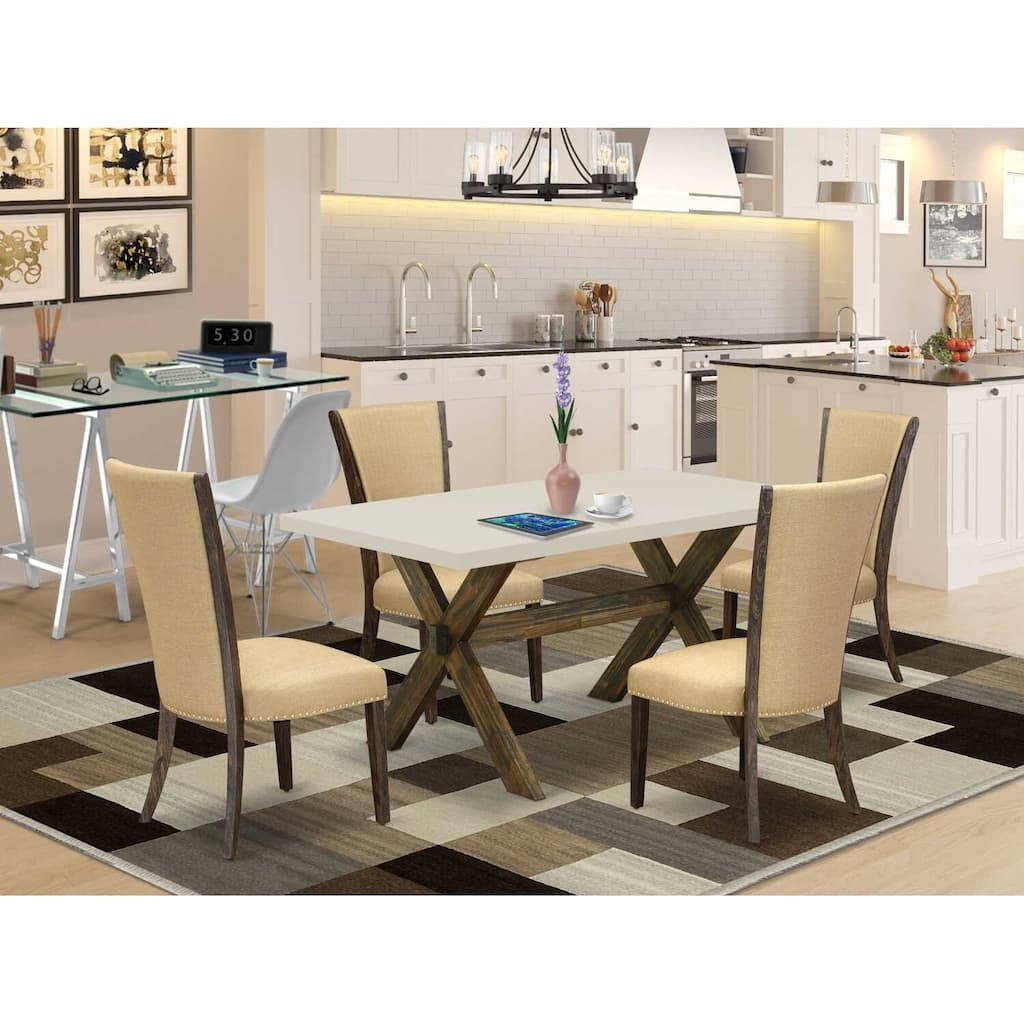 HomeStock 5-Piece Distressed Jacobean Finish Solid Wood Top Dining Table with 4-Parson Chair