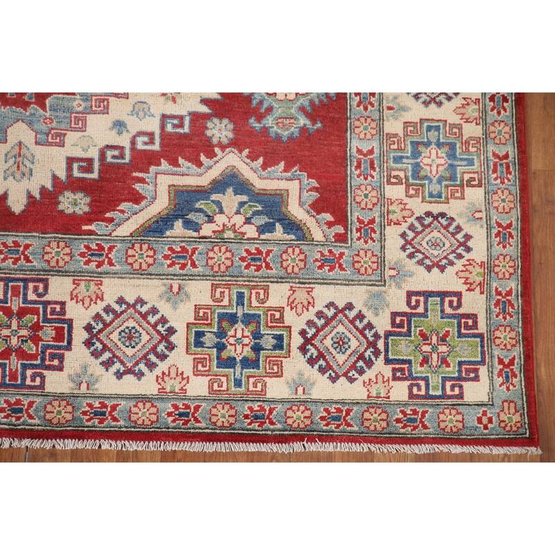 Hand Knotted Oriental 100% Wool Carpet Traditional Geometric Red Kazak Area Rug - 9' 9'' X 6' 7''