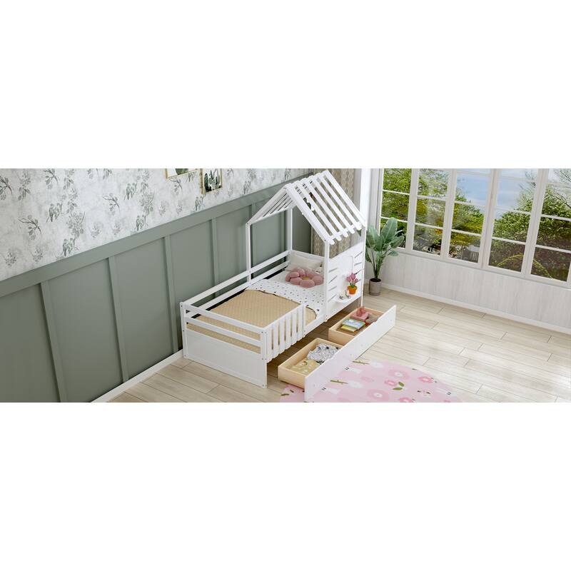 Twin Size House Bed With 2 Drawers and Guardrails