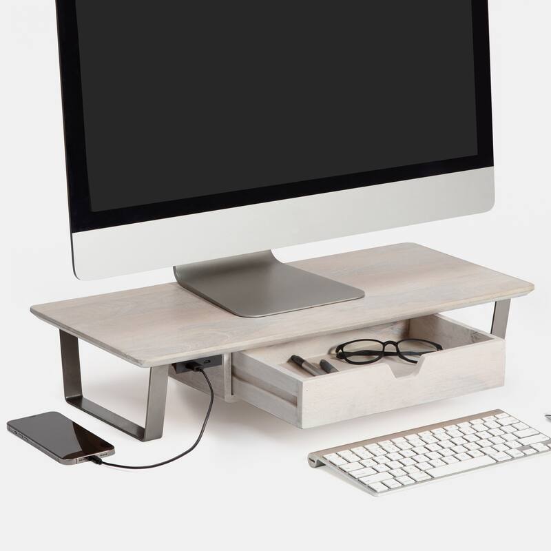 Jani Wood Monitor Stand Riser Desk - Ergonomic Design Stand, Desktop Organizer Table for Home, Office Workspace, Gaming Desk - Off-White