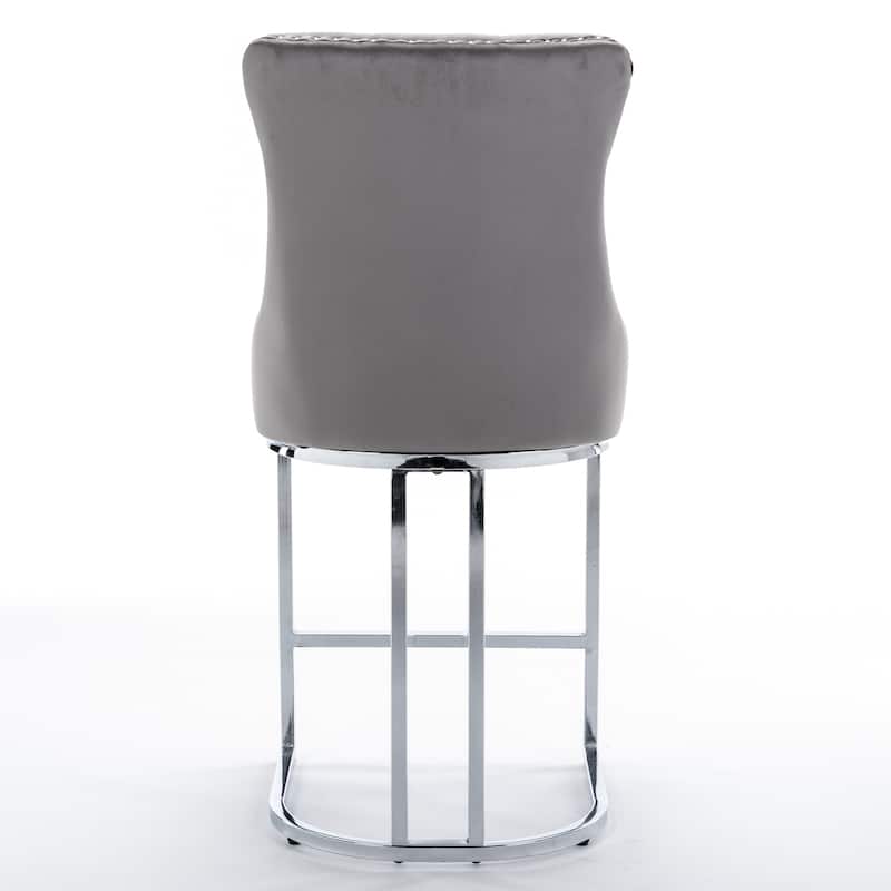 Gray Velvet Nailhead Trim Barstool Upholstered Dining Chair Set of 2