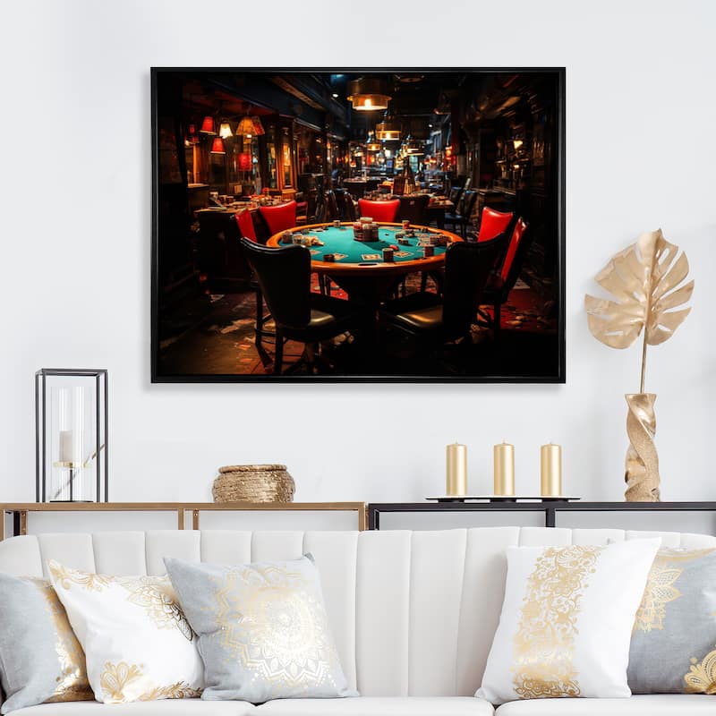 Designart "Casino Royale Blackjack II" Casino & Games Framed Canvas Prints - Black - 44 in. wide x 34 in. high