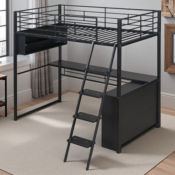 slide 2 of 30, Full Size Loft Bed with Desk, LED Shelves, and Storage - Metal Frame with Guardrails and Ladder, Space-Saving Design for Teens Twin Black - Twin