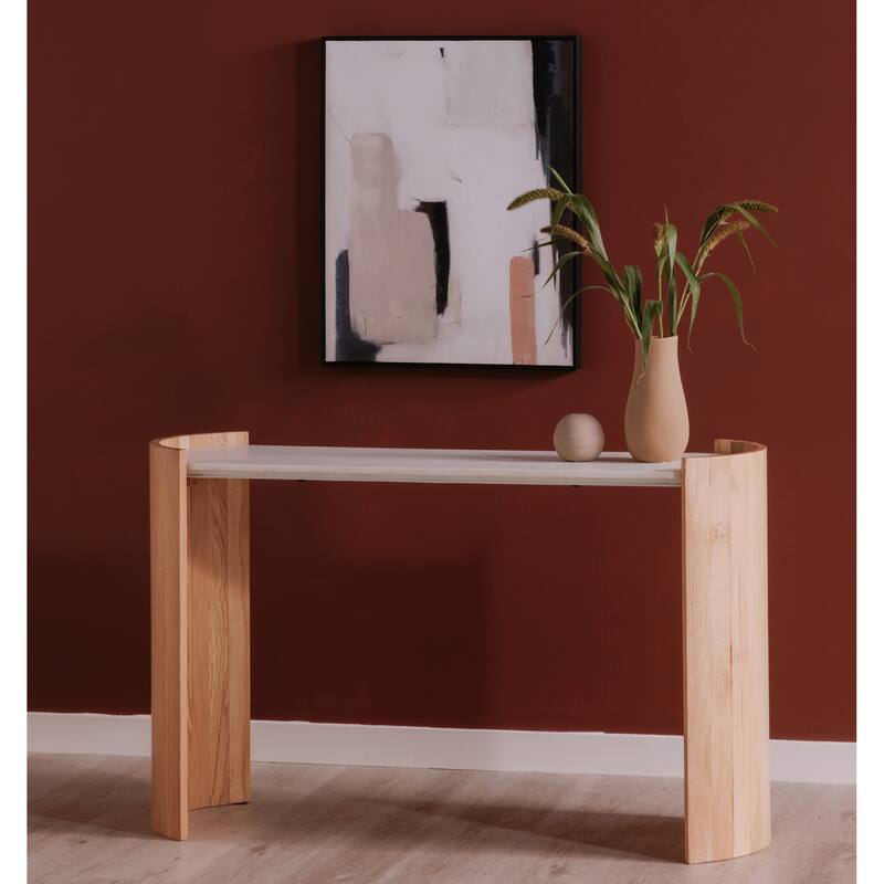 NADAAL STUDIOS Crest Console Table, Banswara White Marble Top, Oak Veneer Base, Natural Finish