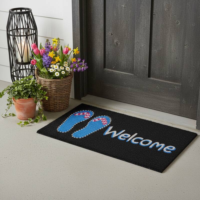 HomeRoots 17" X 29" Black And Blue Flip Flop Welcome Outdoor Coir Door Mat - 17.00' X '29.00 - 17.00' X '29.00