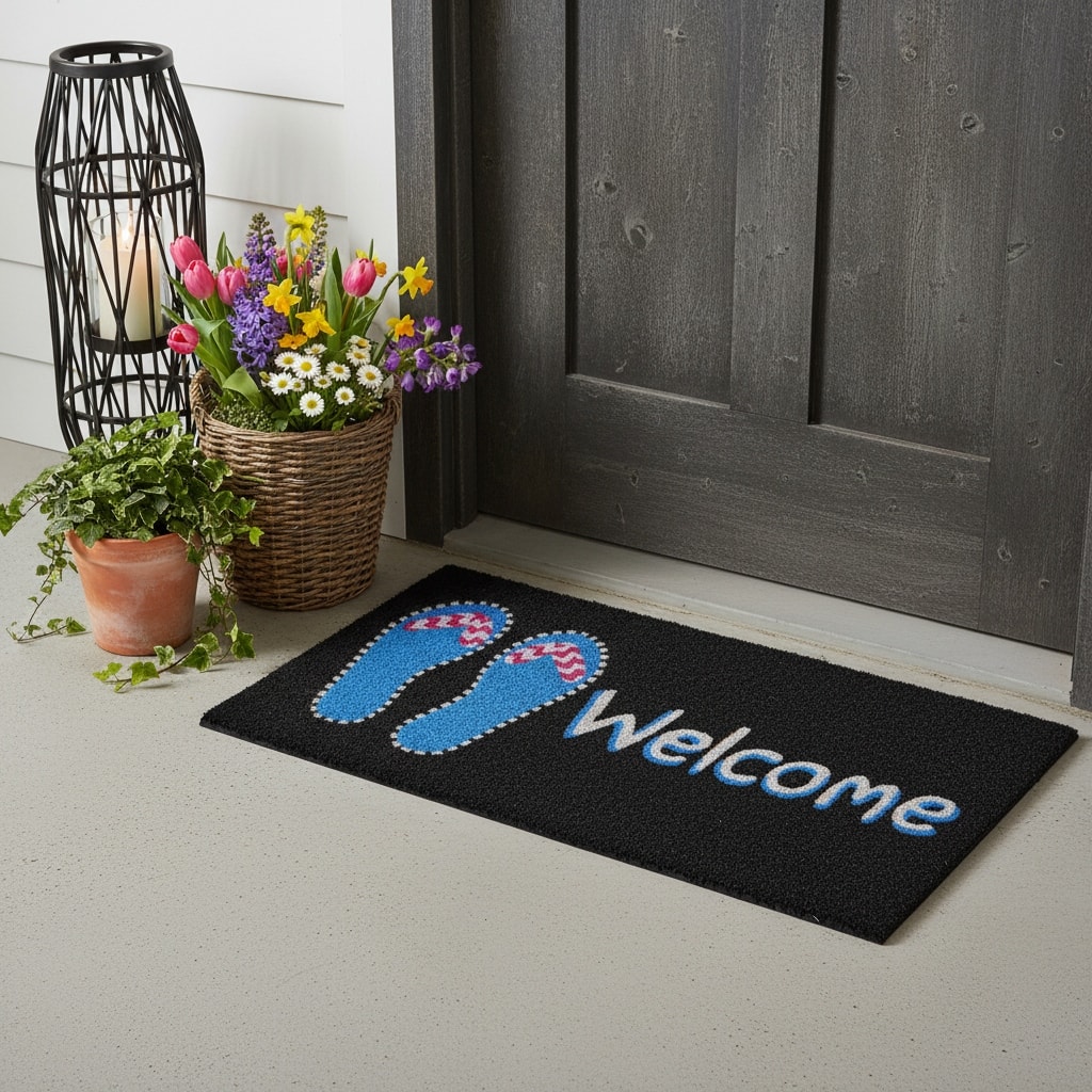 HomeRoots 17" X 29" Black And Blue Flip Flop Welcome Outdoor Coir Door Mat - 17.00' X '29.00