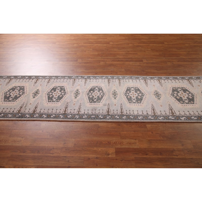 Geometric Kazak Runner Rug Hand-Knotted Grey Wool Carpet - 2'7"x 9'10"