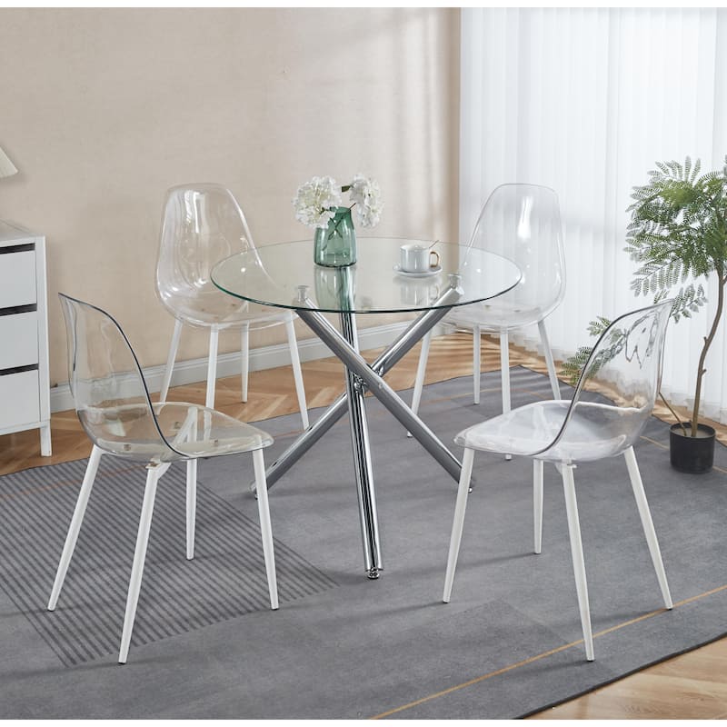 Round Dining Table with chrome metal leg and tempered glass,Modern Space Saving Kitchen Table