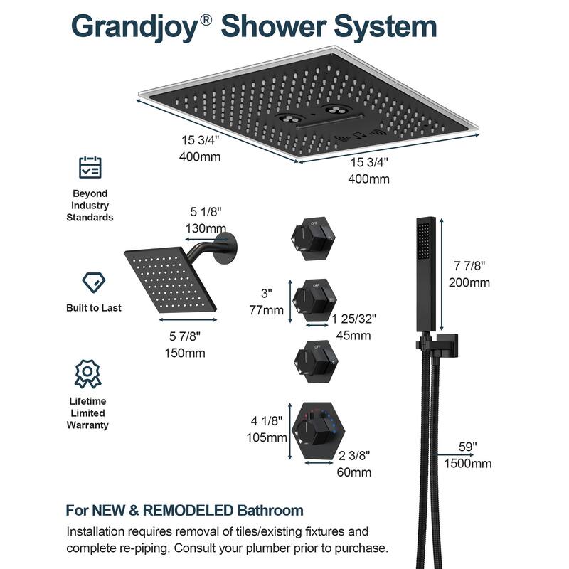 GRANDJOY Dual Shower Heads System 16 inch Ceiling and 6 inch Wall Mount Rainfall/Massage/Waterfall Mode Handheld Spray LED Music