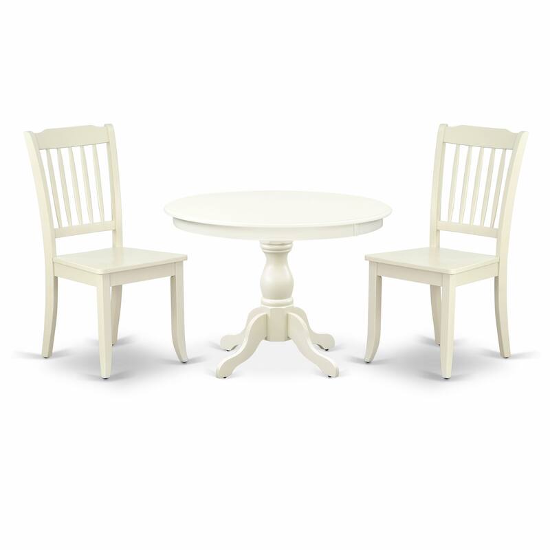 East West Furniture 3 Piece Modern Dining Table Set- a Round Table and 2 Dining Chairs, (Finish & Seat Options)
