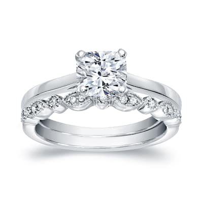 Auriya 14k Gold 1 1/6ctw Vintage Cushion Solitaire Diamond Engagement Ring Set