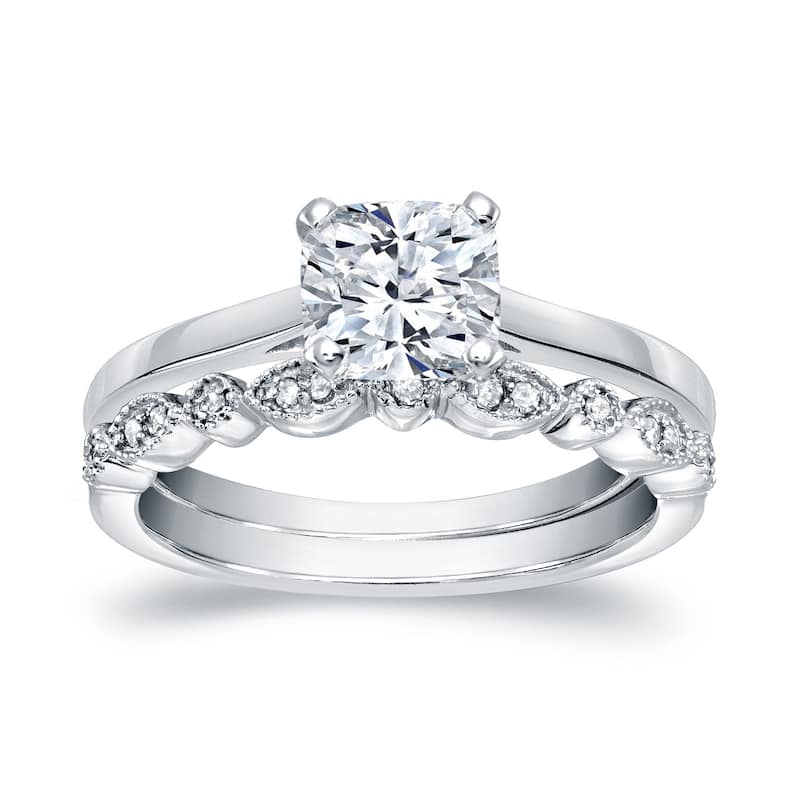 Auriya 14k Gold 1 1/6ctw Vintage Cushion Solitaire Diamond Engagement Ring Set - White - 7