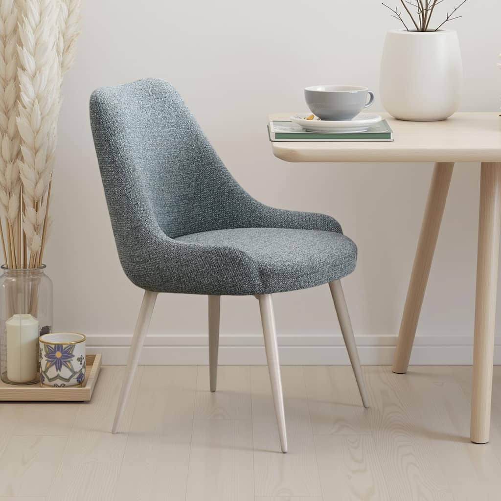 Aela Side Dining Chair Set of 2, Light Blue Boucle, Bone White Metal