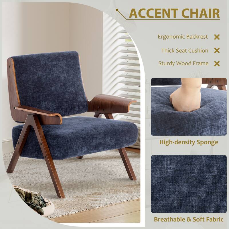 Accent Chair for Living Room, Mid Century Modern Fabric Chair with Oak Leg, Upholstered Comfy Side Chair for Balcony