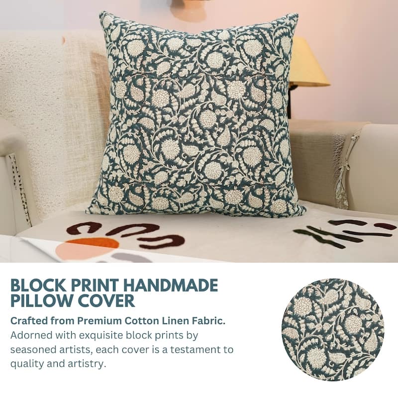 Fabdivine Handmade Dark Blue Block Print Cushion Cover Floral Linen for Living Room Sofa Chair Hotel, Home Decoration, Gopi - Mrignayani- Dark Blue, Mustard - 18" x 18" - Pillow Covers