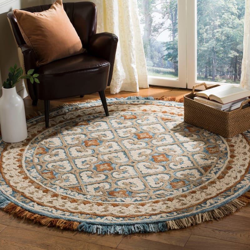 SAFAVIEH Handmade Blossom Dosta Modern Floral Wool Rug - 6' Round - Ivory/Blue