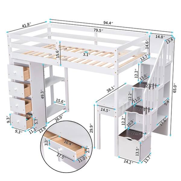 Twin size Loft Bed with Storage Drawers ,Desk and Stairs, Wooden Loft Bed with Shelves, No box spring required- White