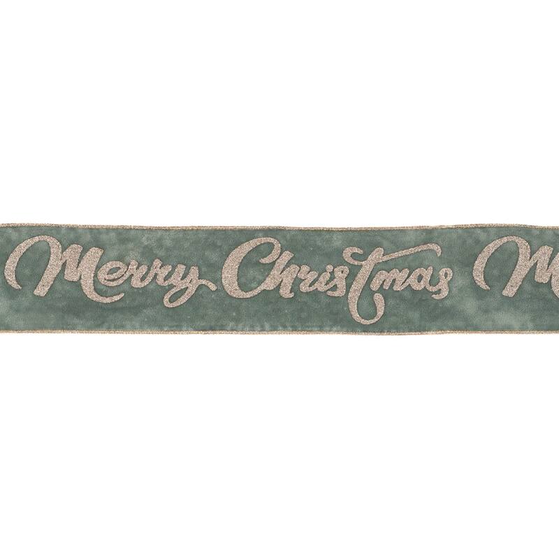 HomeRoots 4" Green And Gold Glittered Merry Christmas Wired Ribbon