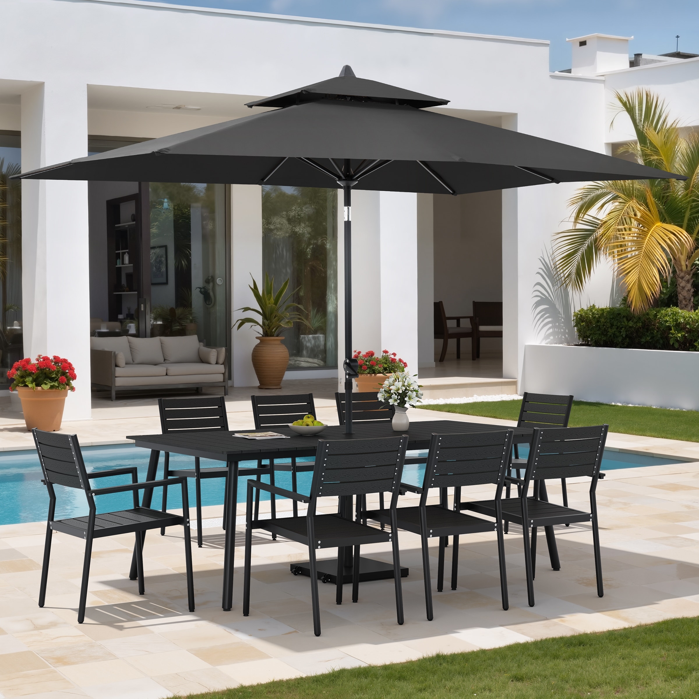 11PC Outdoor Patio Dining Set Wood-Like Aluminum Table with Stackable Armchairs,Double Top Market Umbrella and Wheel Base