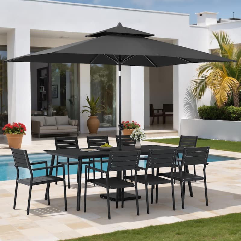 11PC Outdoor Patio Dining Set Wood-Like Aluminum Table with Stackable Armchairs,Double Top Market Umbrella and Wheel Base - BlackTable&BlackChairs&BlackUmbrella