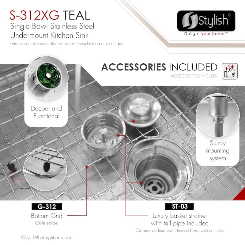 Undermount 25" Single-Bowl Stainless Steel Kitchen Sink S-312XG - 25" x 18" x 10"
