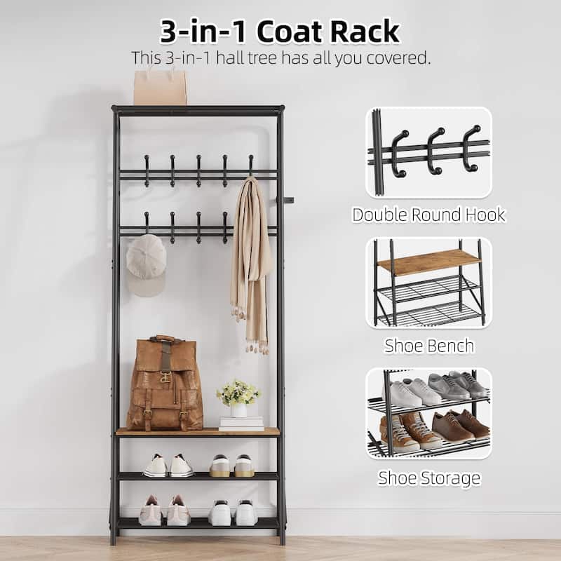 Hall Tree With Shoe Storage Bench, 4-In-1, Steel Frame With 10 Hooks for Entryway, Freestanding Coat Rack Stand