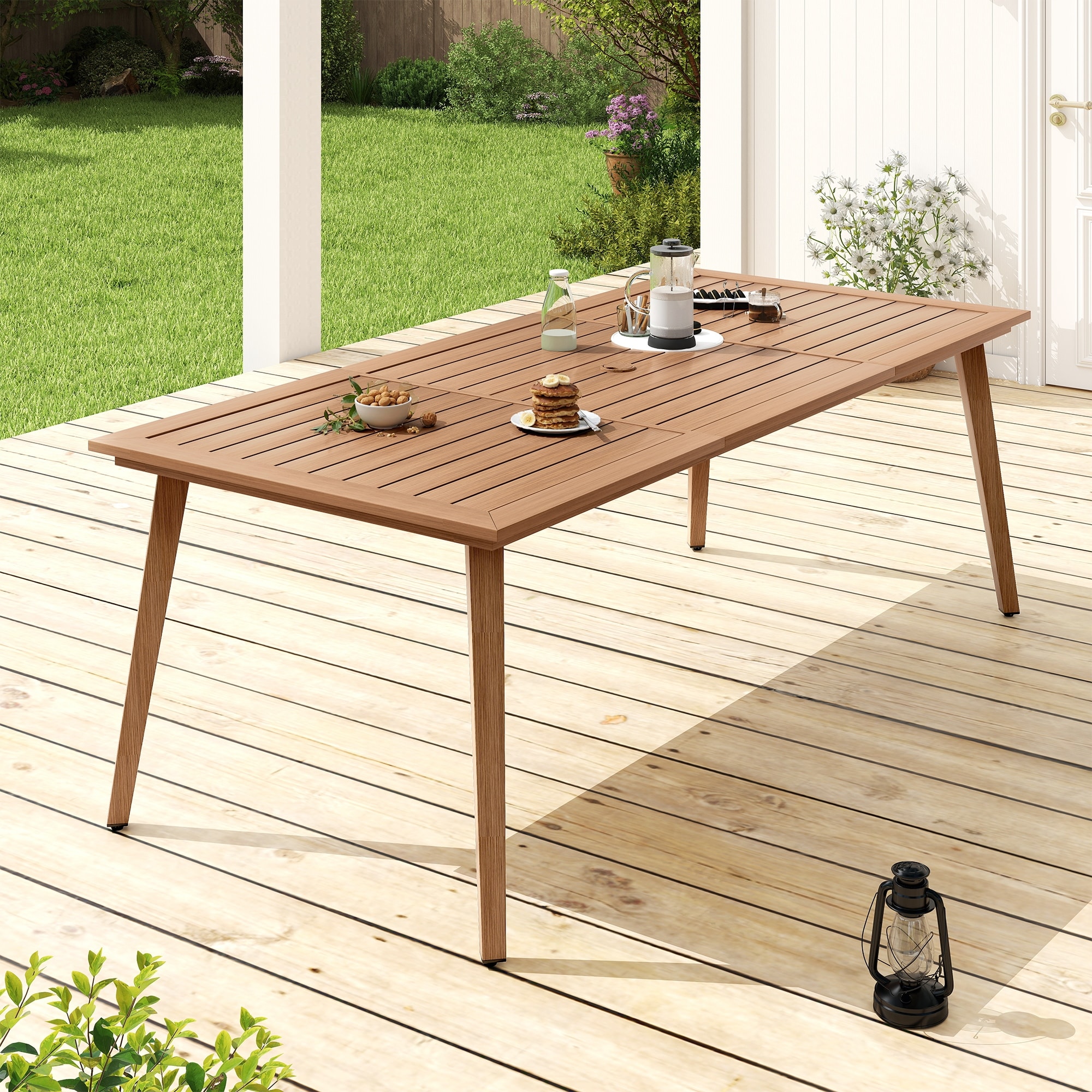 Riviera 84" Rectangular Brown Aluminum Outdoor Dining Table with Umbrella Hole