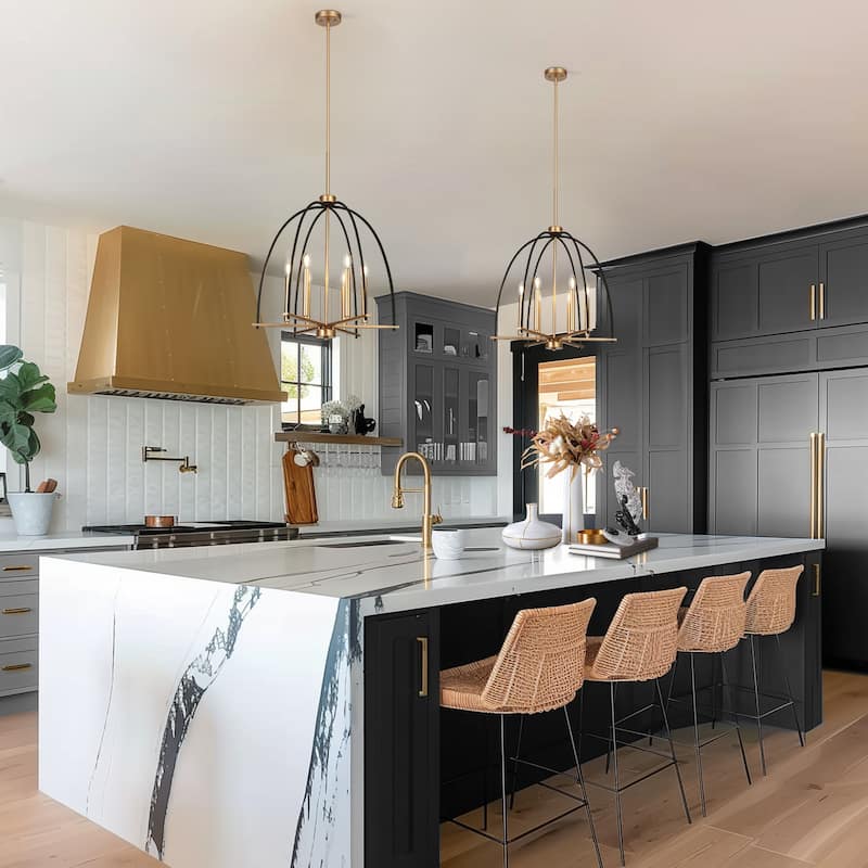 Modern 6-Light Birdcage Chandelier Black Gold Pendant for Dining Room - 23.6 " × 25 "