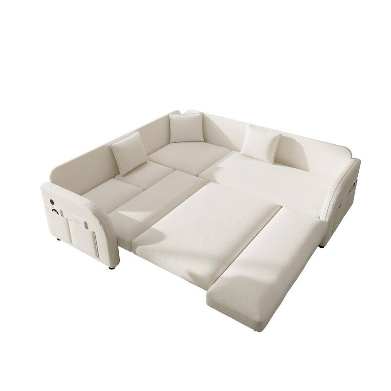 85" L-Shaped Convertible Sleeper Sofa with Pull-Out Bed, Teddy Upholstery & USB Ports